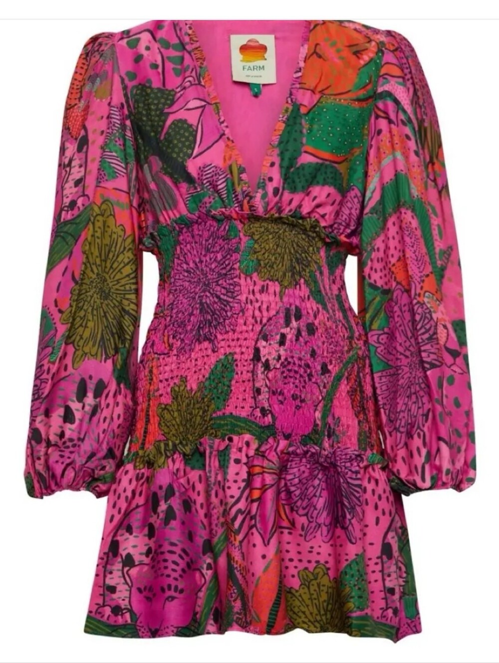 FARM Rio Cool Leopards V-Neck Smocked Mini Dress Medium
